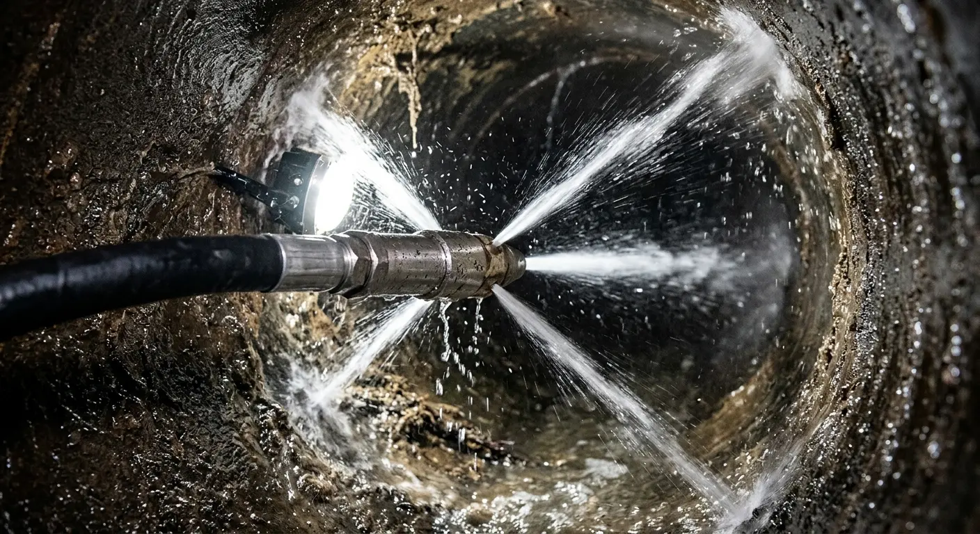 High-pressure hydro jetting nozzle cleaning sewer pipe for Emergency Drain Service in August