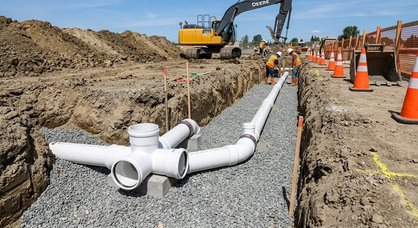 New PVC sewer pipe installation in open trench for Grease Trap Cleaning in August