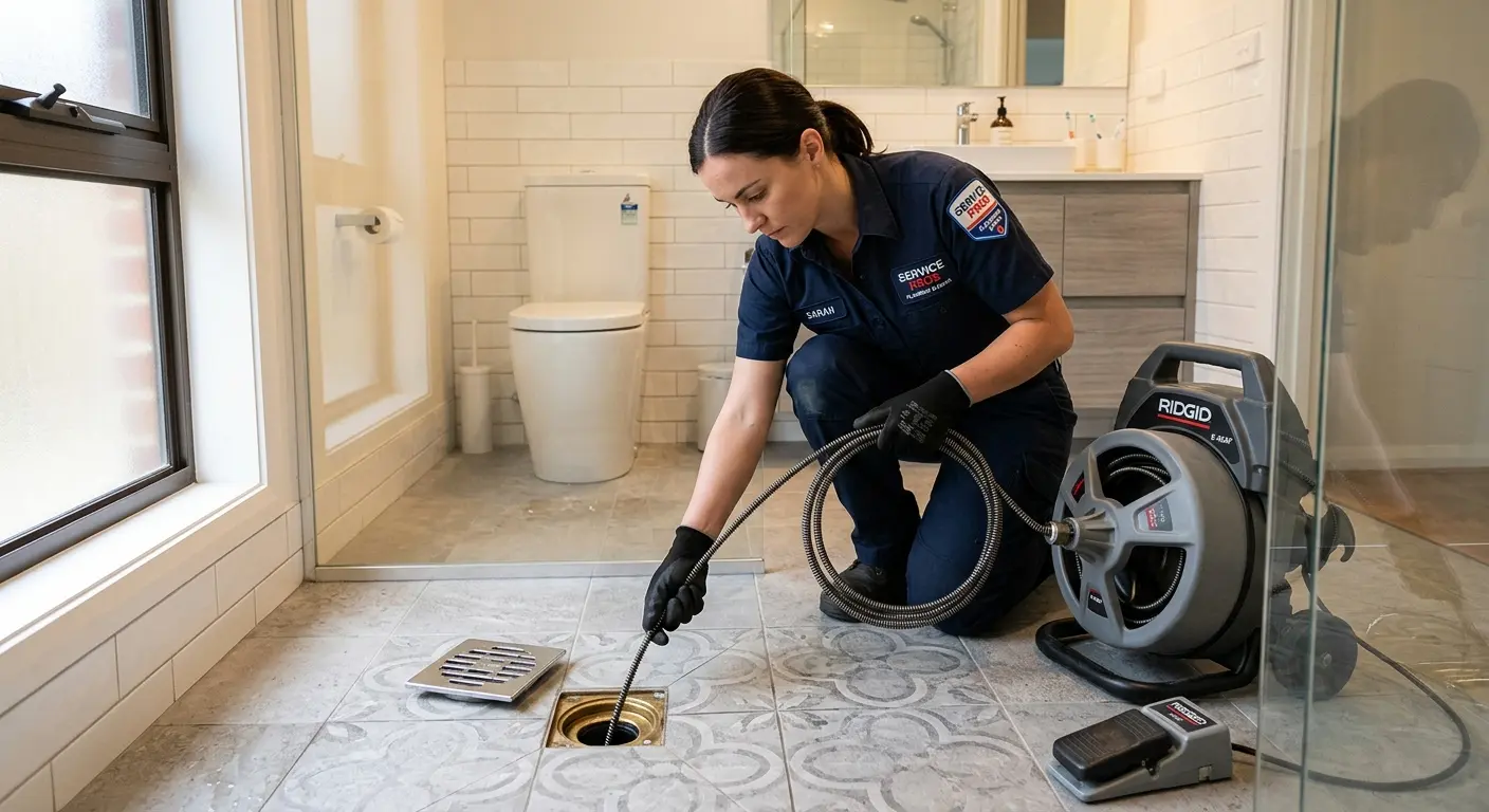 Technician clearing a bathroom floor drain for Sewer Line Installation in August